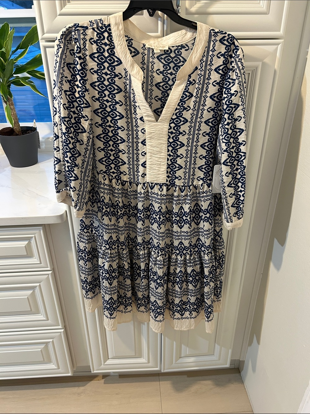 Women's Cream and Navy Patterned Tiered Casual Dress